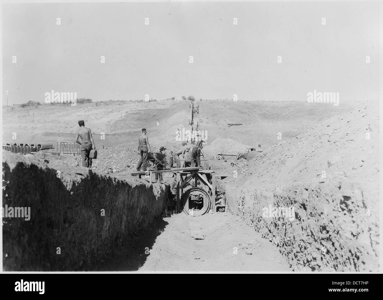 CCC Camp BR-66 Yakima-Tieton Project, Photo of construction of 48 inch monolithic reinforced concrete siphon. Looking... - - 293548 Stock Photo