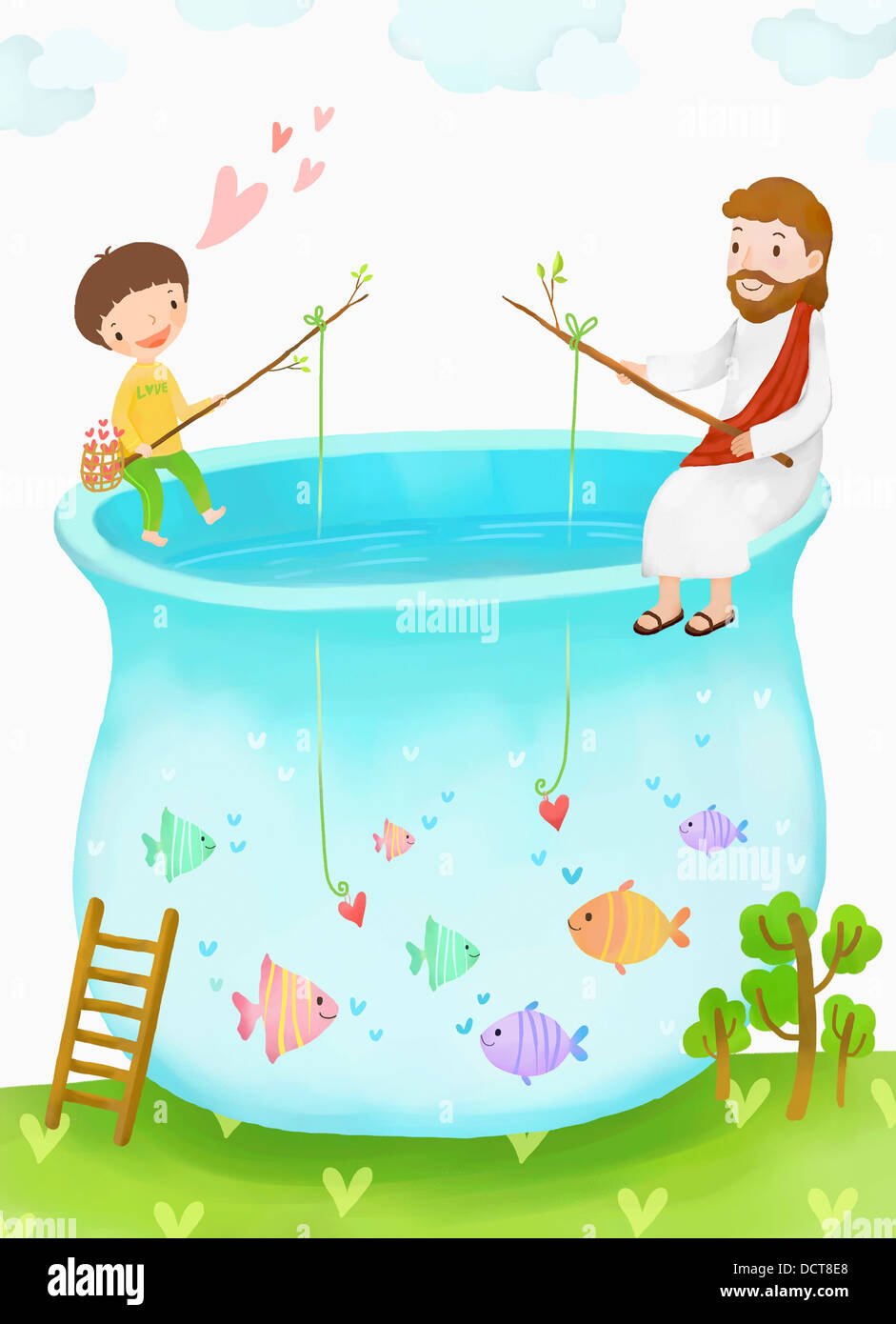 illustration of kid and Jesus fishing Stock Photo Alamy