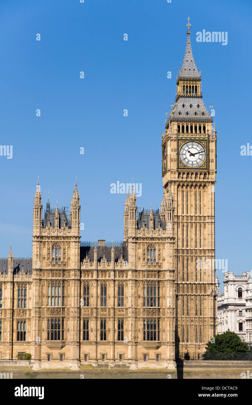 Big Ben clock tower (The Elizabeth Tower) and the House of Commons / Palace of Westminster, London, UK. Stock Photo
