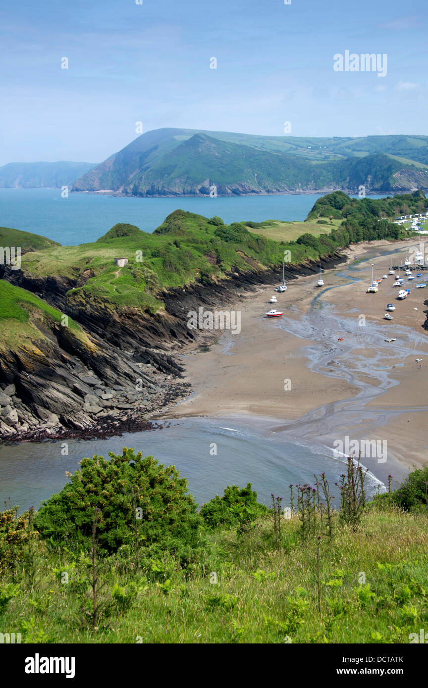 Watermouth, Devonshire a coastal inlet on the north coast, with a beach and boat moorings with sheep in the foreground. a UK Stock Photo
