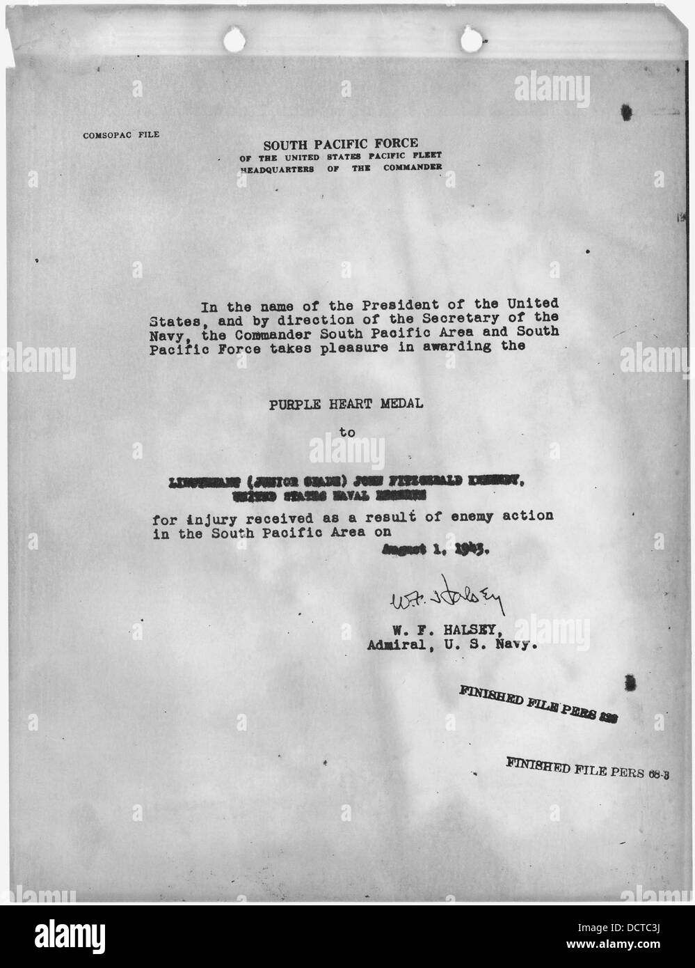 Citation Of Award Of Purple Heart Medal To John Fitzgerald Kennedy Signed By Admiral W F Halsey Undated Stock Photo Alamy