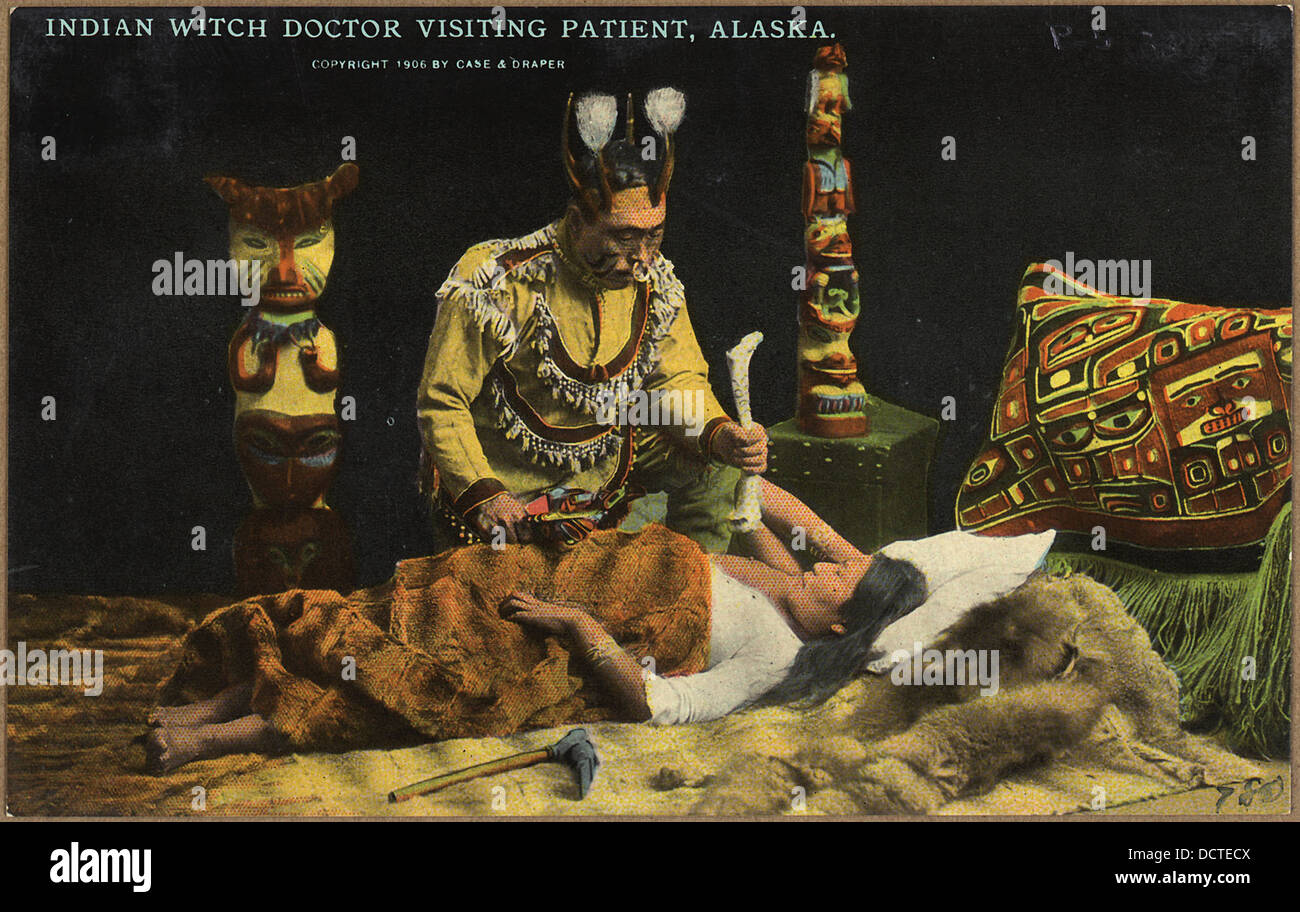 Color post card. Indian witch doctor visiting patient, Alaska. - - 297727 Stock Photo