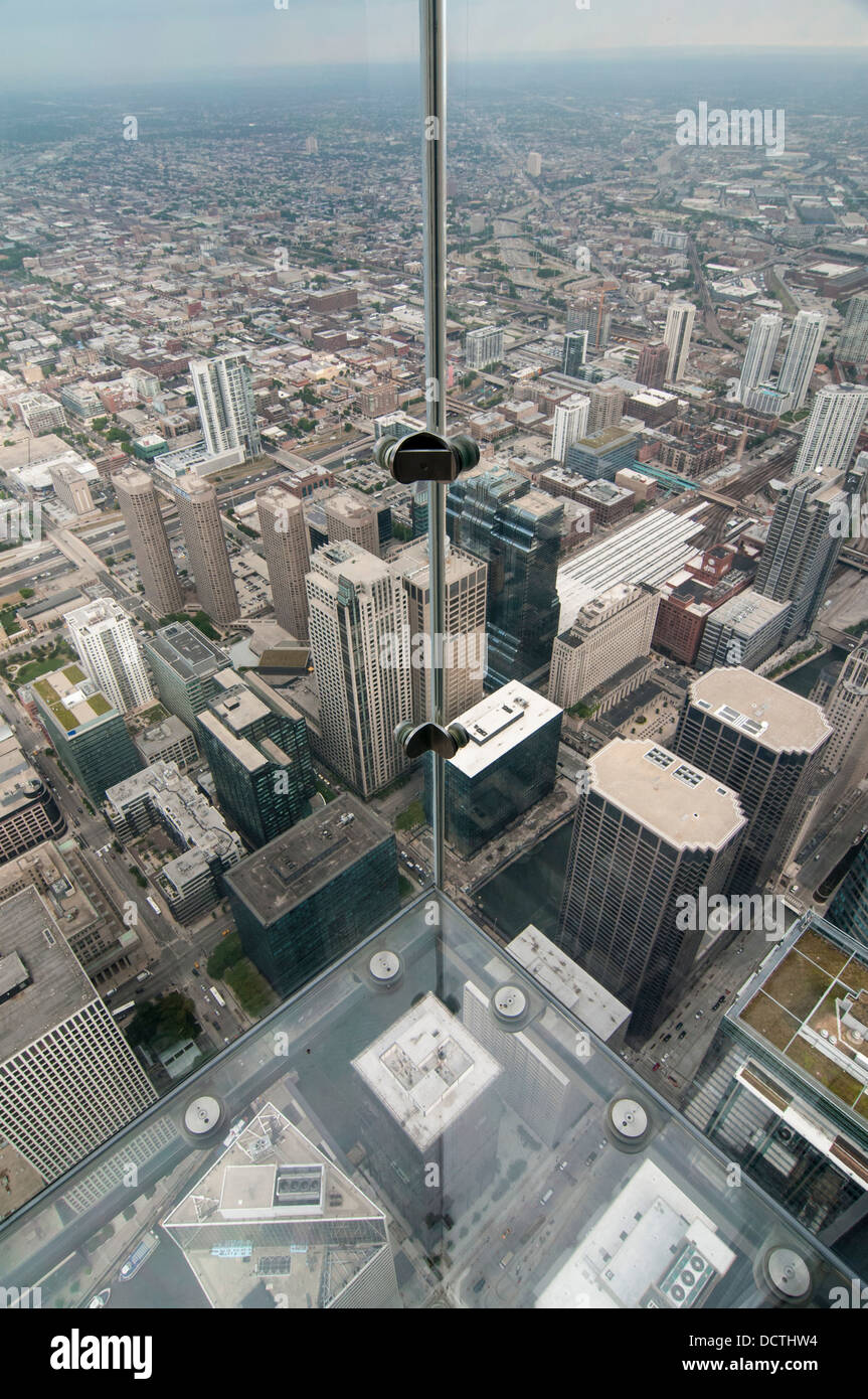 Looking down in the SkyDeck at the Sears (now Willis) Tower, Sky Deck observation floor, Chicago, Illinois, USA Stock Photo