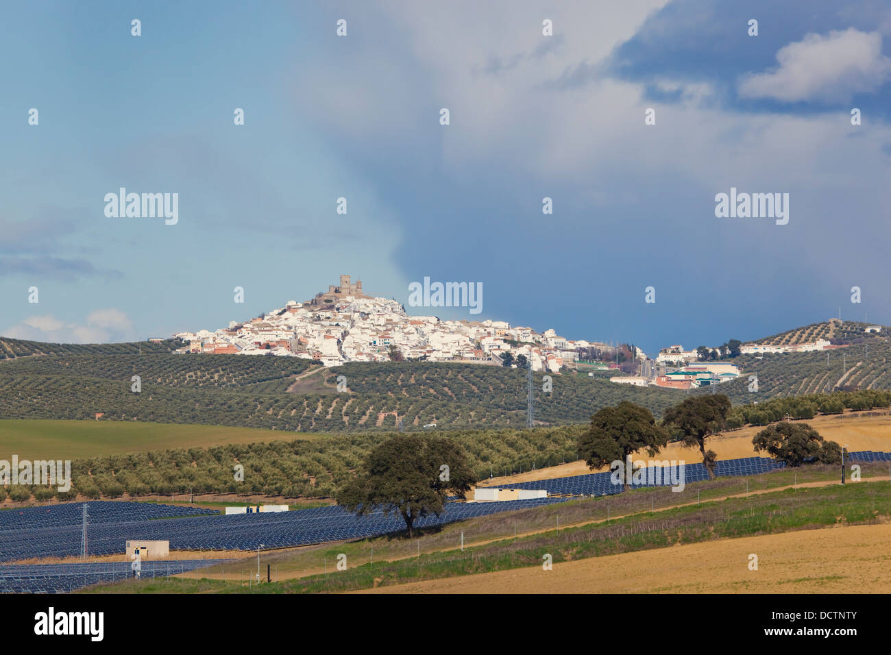 Town With Solar Panels, Espejo, Cordoba, Spain Stock Photo