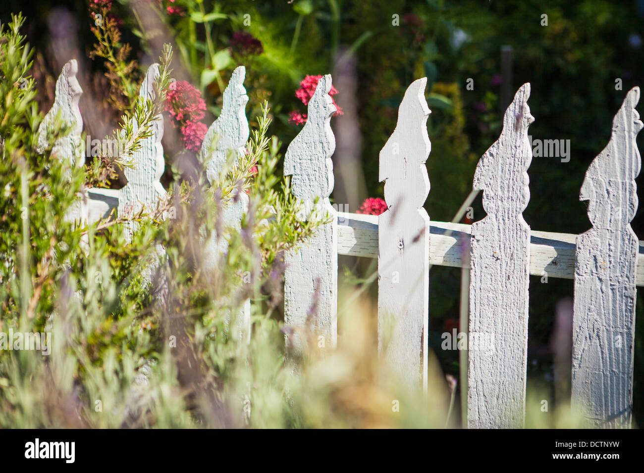 fence rails carved to resemble quails, Heart's Ease Gardens, Cambria, California, United States of America Stock Photo