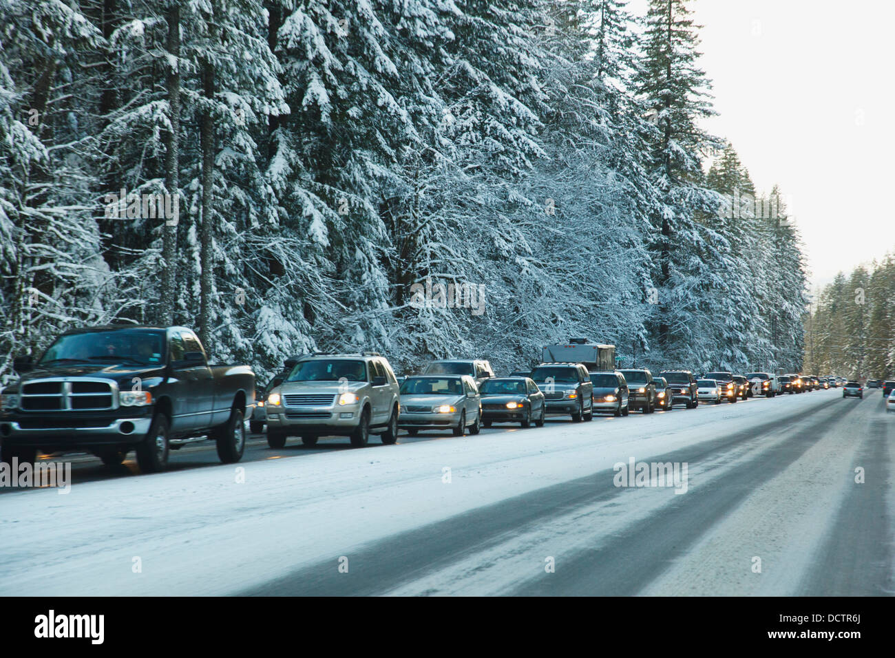 Heavy Traffic After A Snow Storm On Mount Hood; Oregon, United States Of America Stock Photo