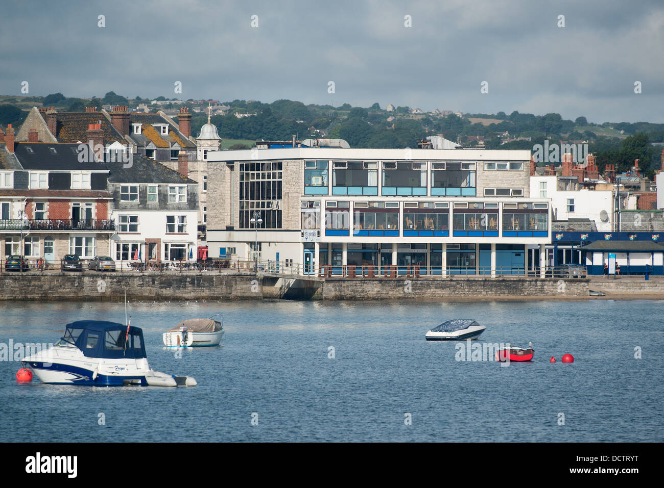 Mowlem theatre, general view, in Swanage - Dorset. As seen from the pier back across the bay. Stock Photo