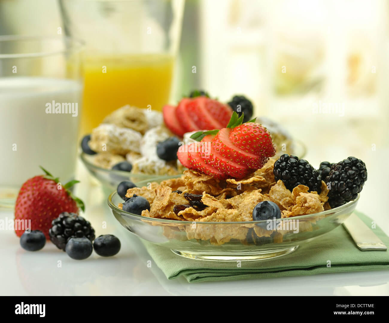 cereal with fruits ,milk and juice Stock Photo Alamy