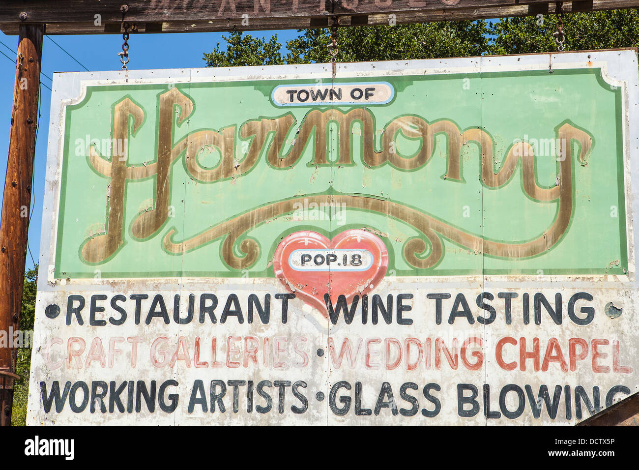 sign for old shopping center,  Town of Harmony, near Cambria, California, United States of America Stock Photo