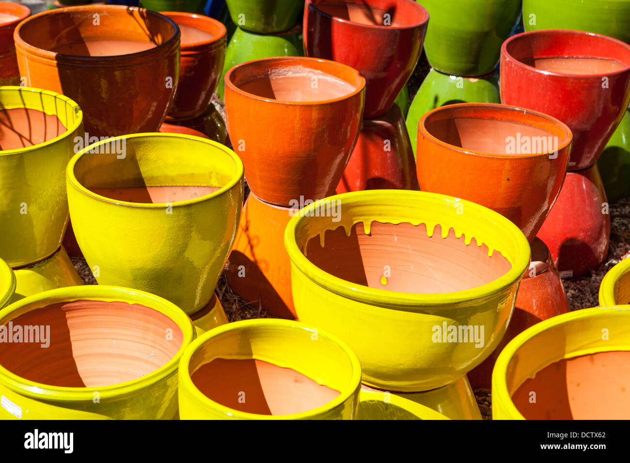 colorful pots at Cambria Nursery, Cambria, California, United States of America Stock Photo