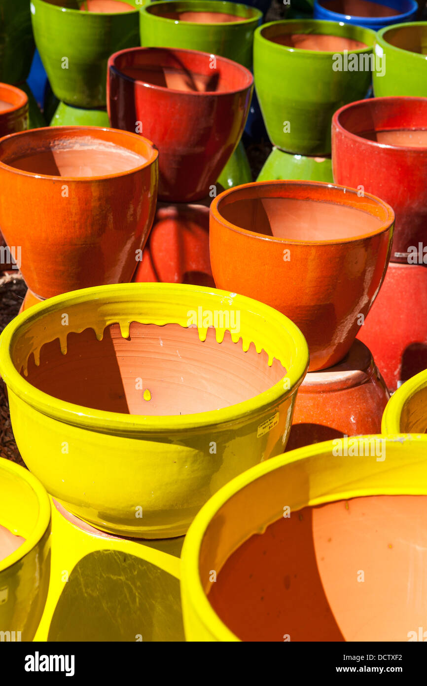 colorful pots at Cambria Nursery, Cambria, California, United States of America Stock Photo