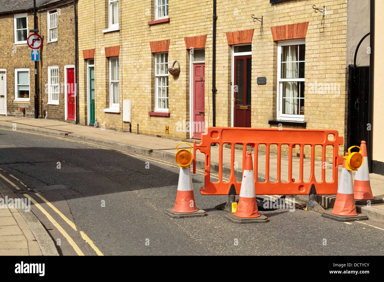 Traffic road cones and barriers, roadworks at Silver Street, Ely, Cambridgeshire, England Stock Photo