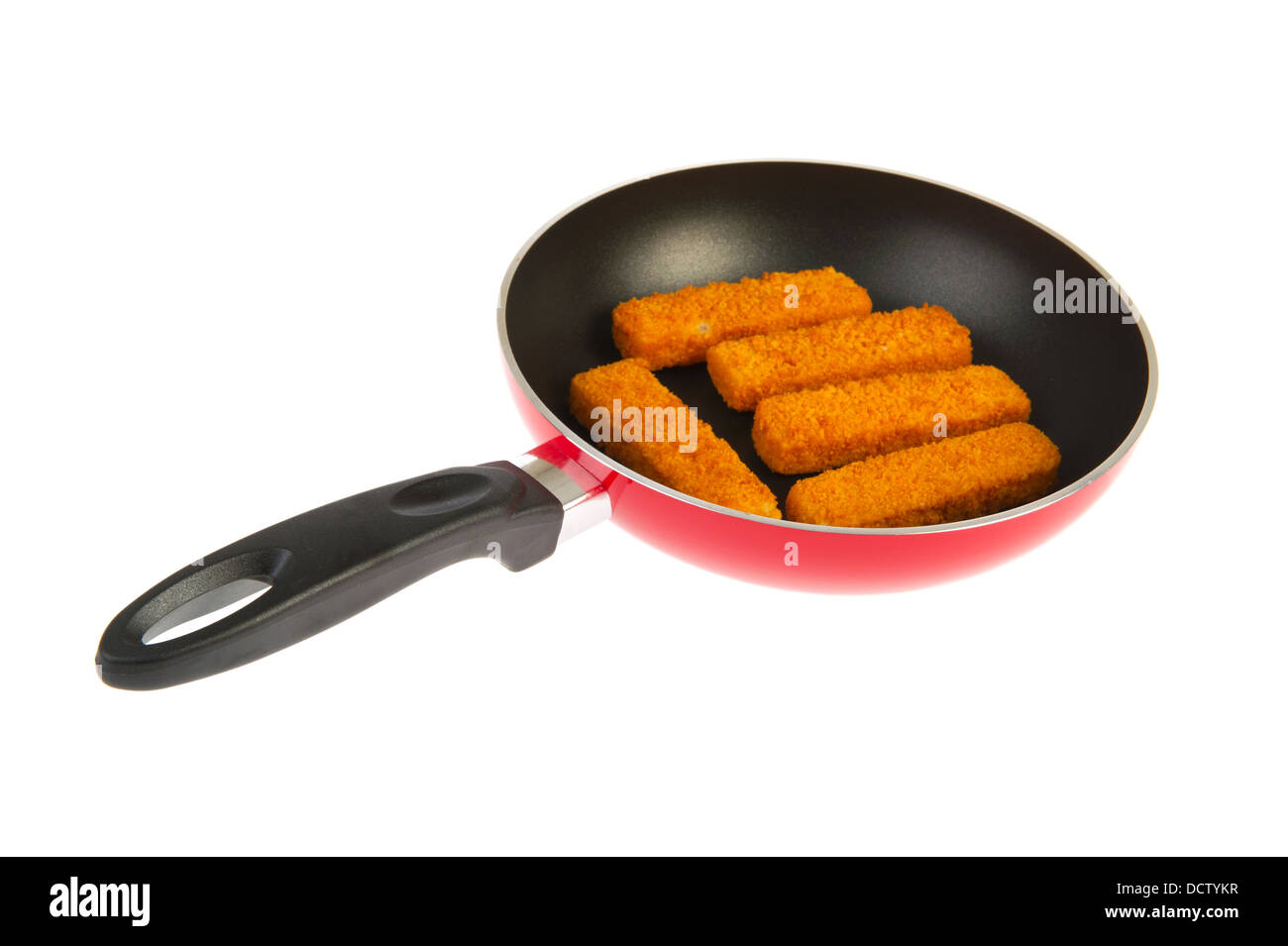 Red frying pan with fish sticks Stock Photo Alamy