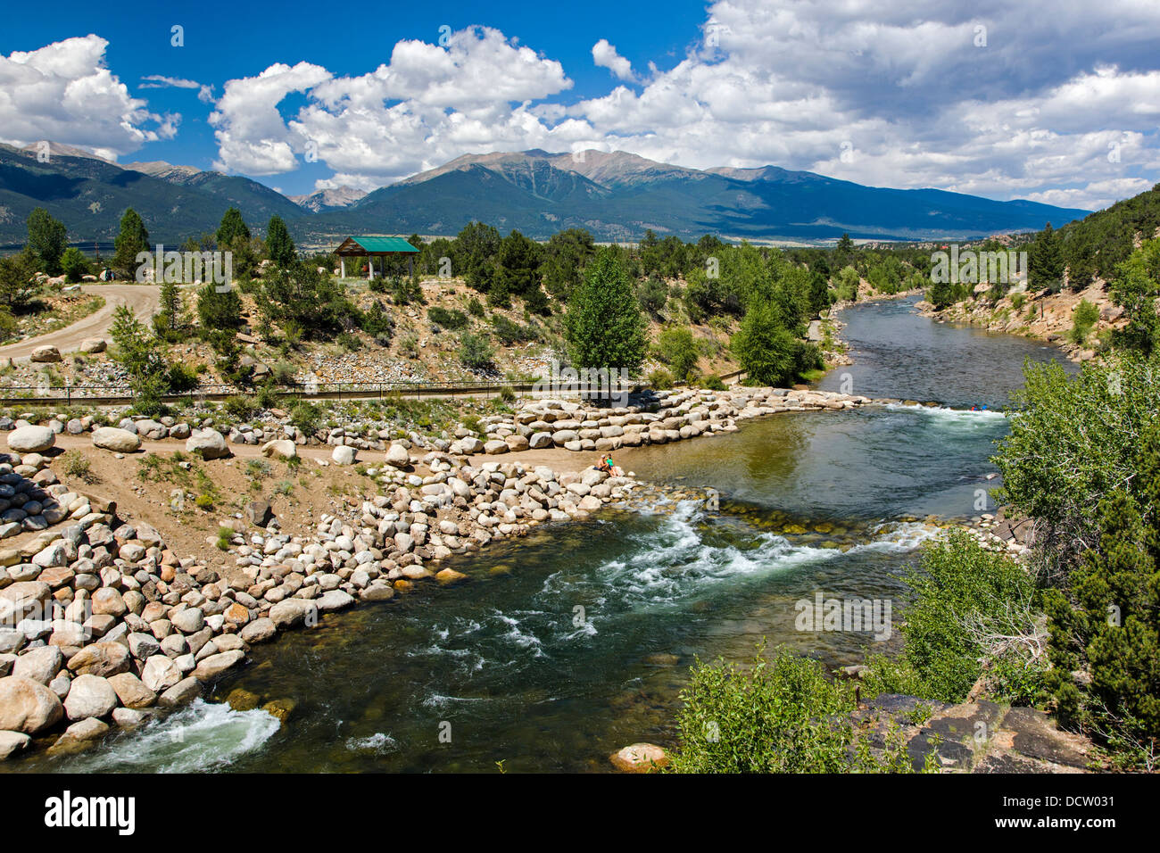 Arkansas River flows through small mountain town of Buena Vista 
