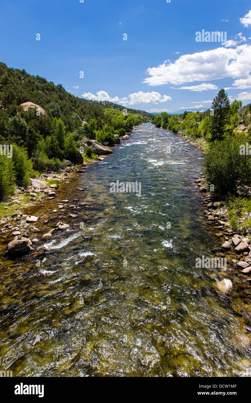 View south of the Arkansas River from a footbridge, Buena Vista, Colorado, USA Stock Photo