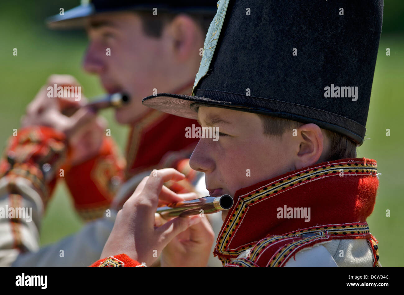 Musicians with the 41st Fife and Drum Corps perform at Fort George National Historic Site in Niagara-On-The-Lake, Ontario. Stock Photo