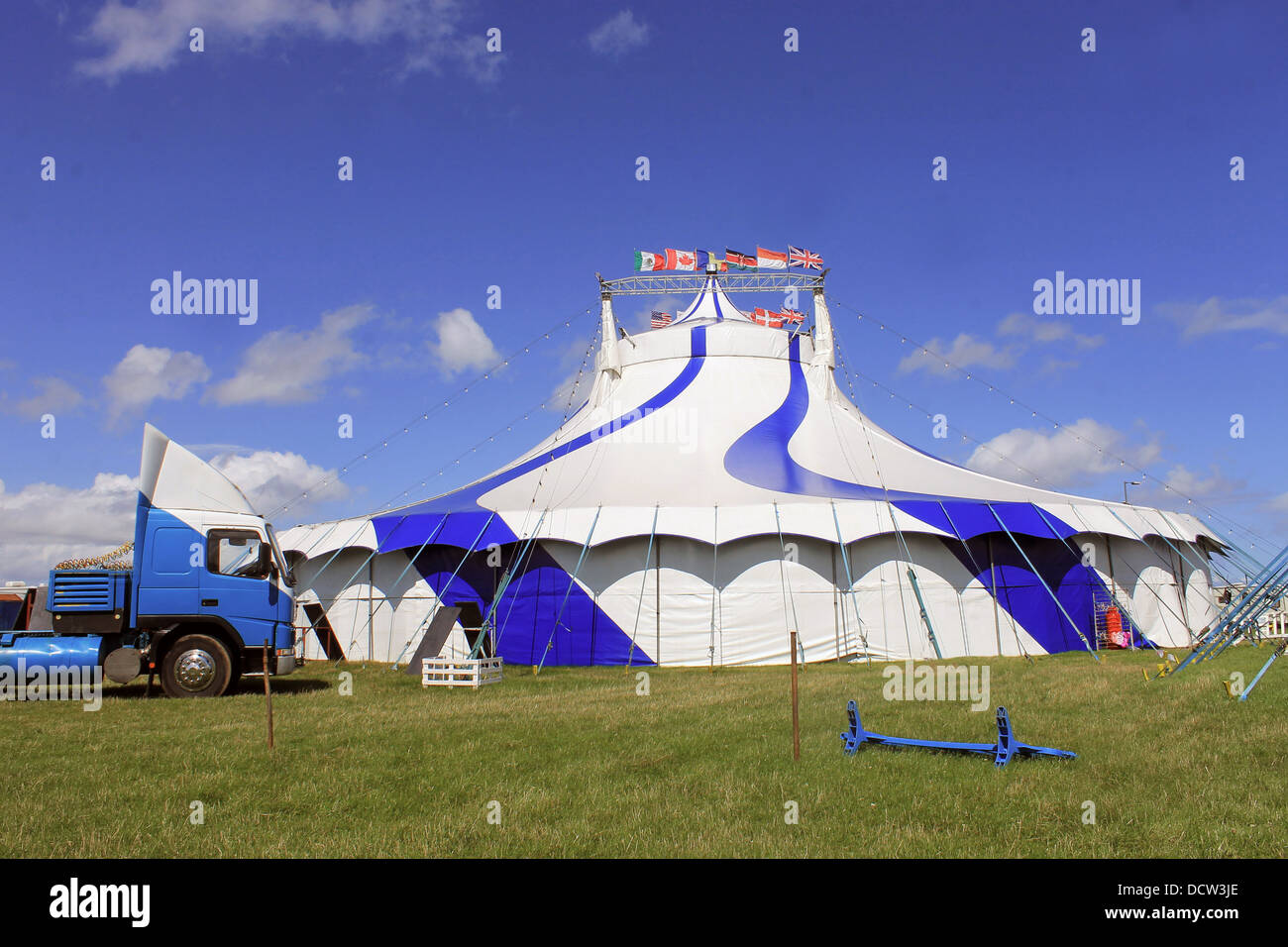 Circus big top tent and truck, blue and white. Stock Photo