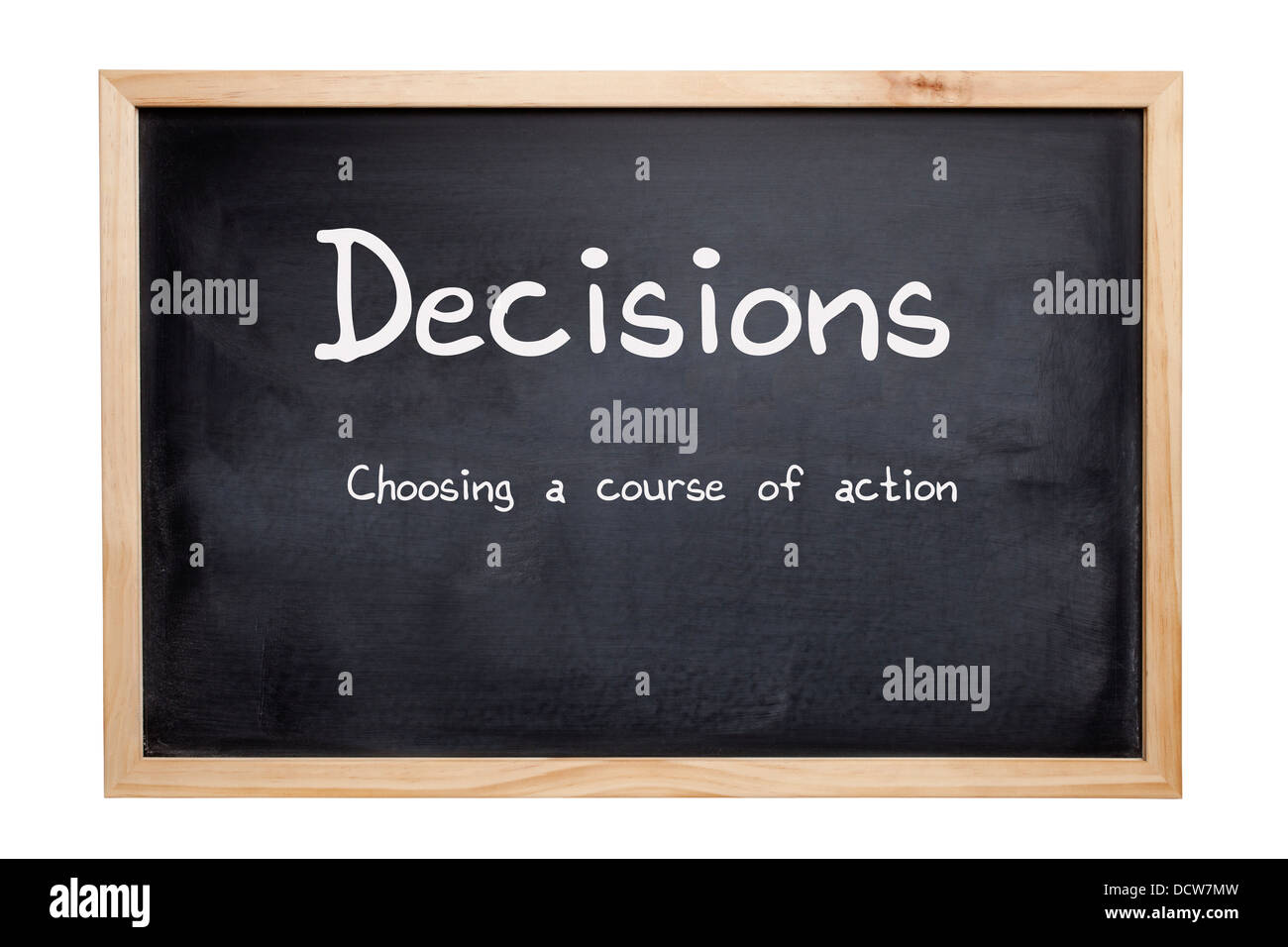 Decisions Concept - a blackboard with the words descisions, choosing a course of action. Clipping path for board. Stock Photo