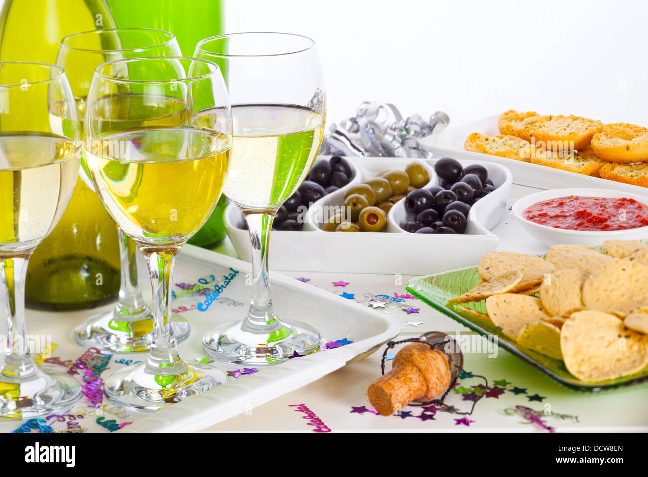 Food and Wine on a Buffet Table - food and wine on a celebration buffet table, copy space. Stock Photo