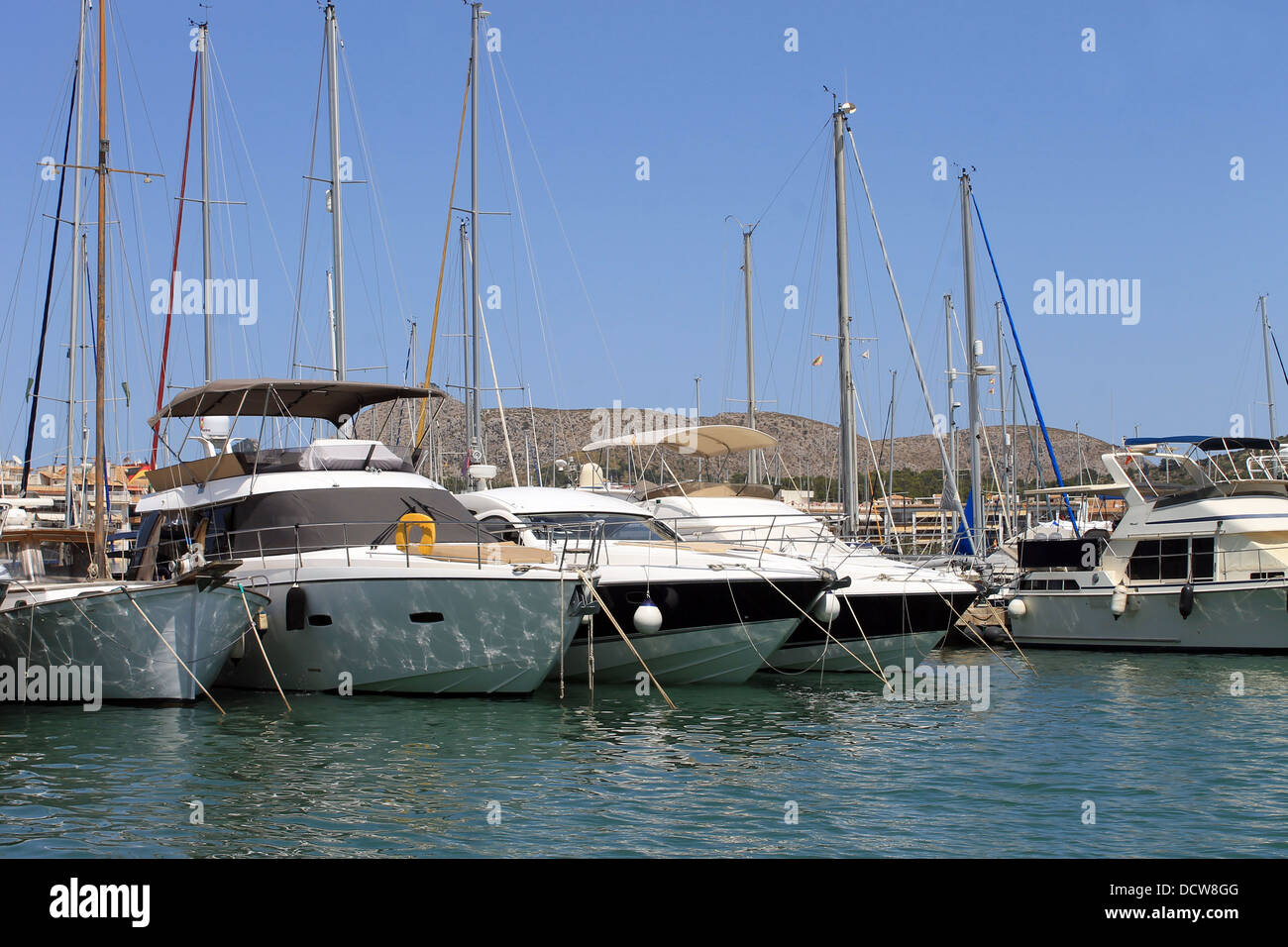 Sailboats moored in harbor, Alcudia, Majorca, Spain. Stock Photo