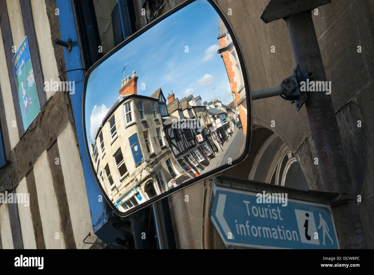 Winchcombe, North Street reflected in a street corner mirror. Gloucestershire, England Stock Photo