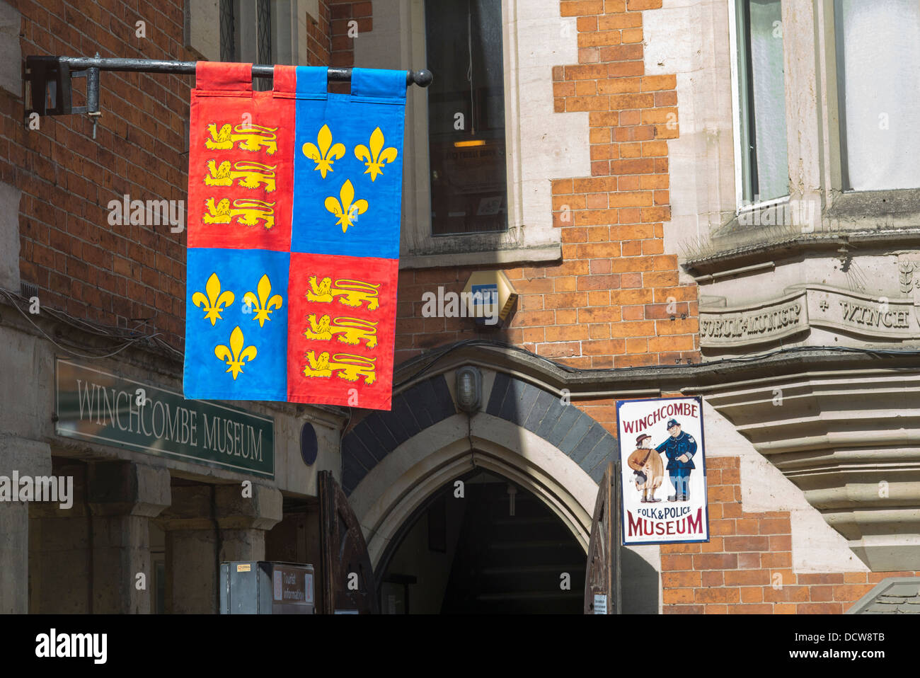 Winchcombe Museum and Royal Arms heraldic banner. High Street. Gloucestershire, England Stock Photo