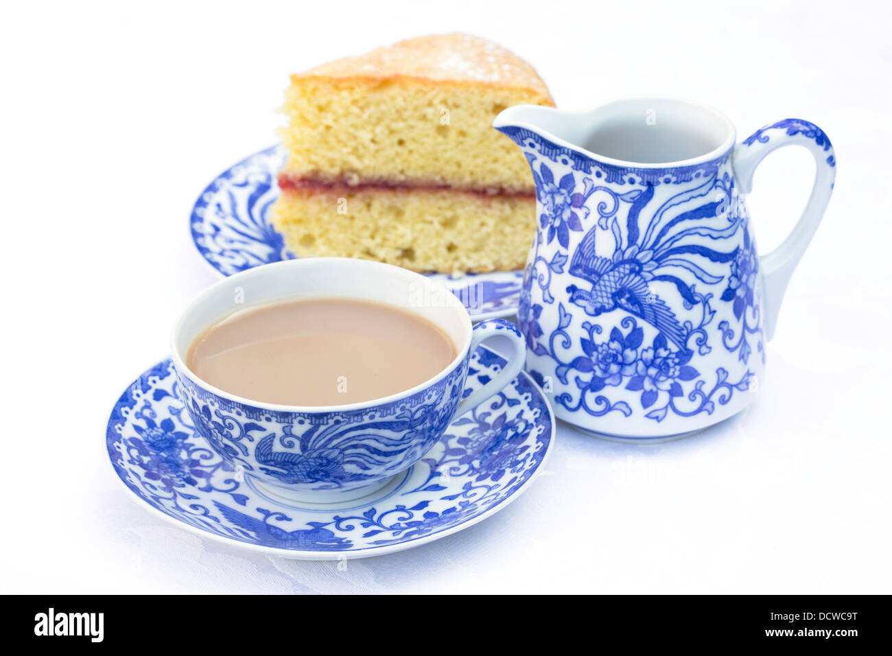 Blue bone China tea set with Victoria Sponge, England, UK Stock Photo