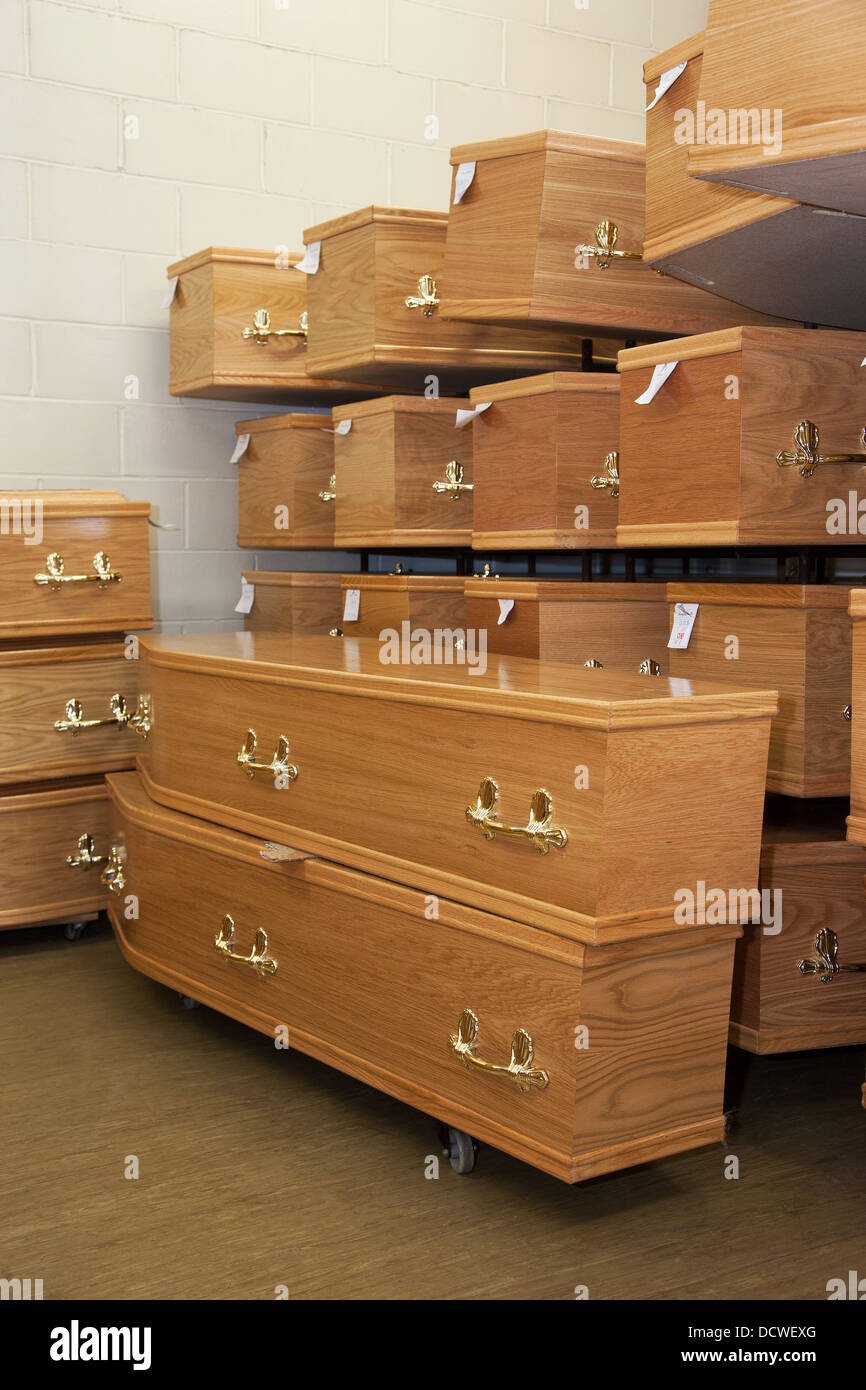 Wooden Coffins in storage Stock Photo