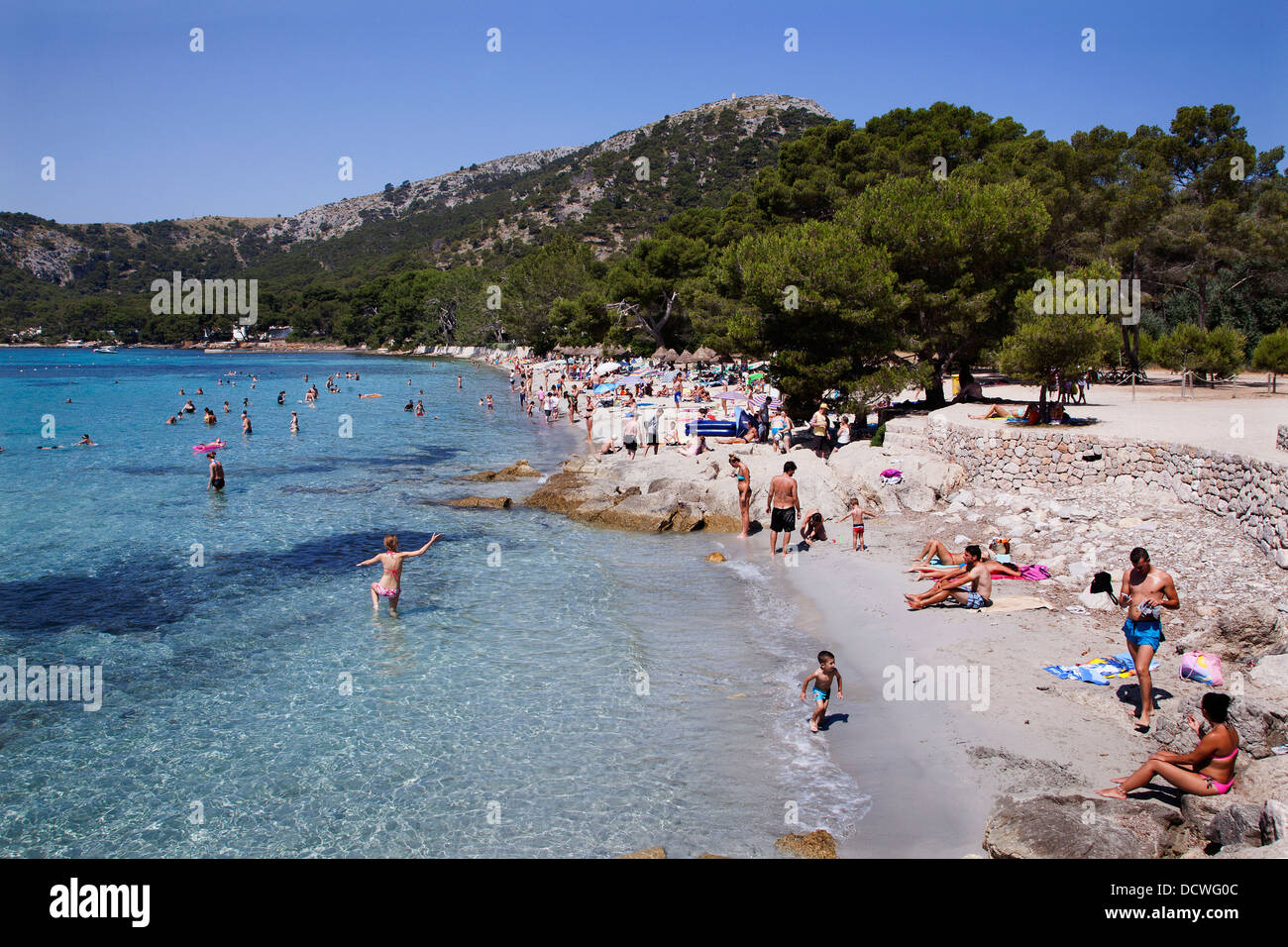 Tourists on the Beach at Cap de Formentor on the Balaeric Island of Majorca Stock Photo