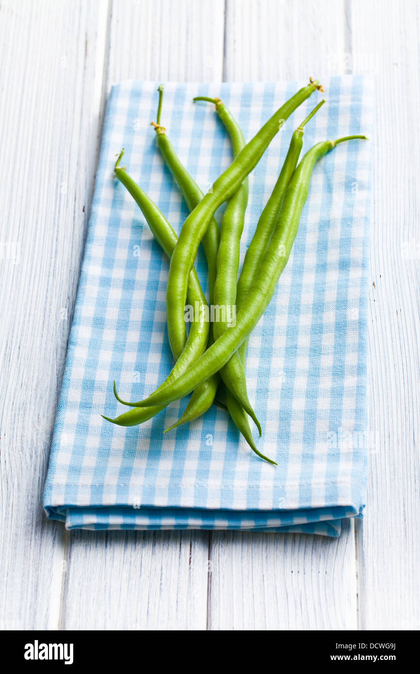 the green beans on kitchen table Stock Photo