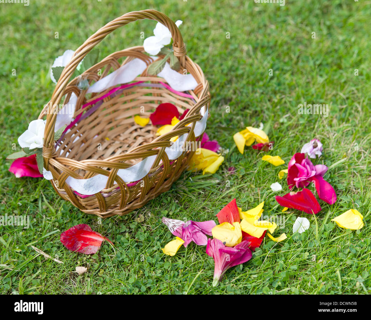 A Small Basket And Petals Sit On A Meadow After A Wedding Ceremony