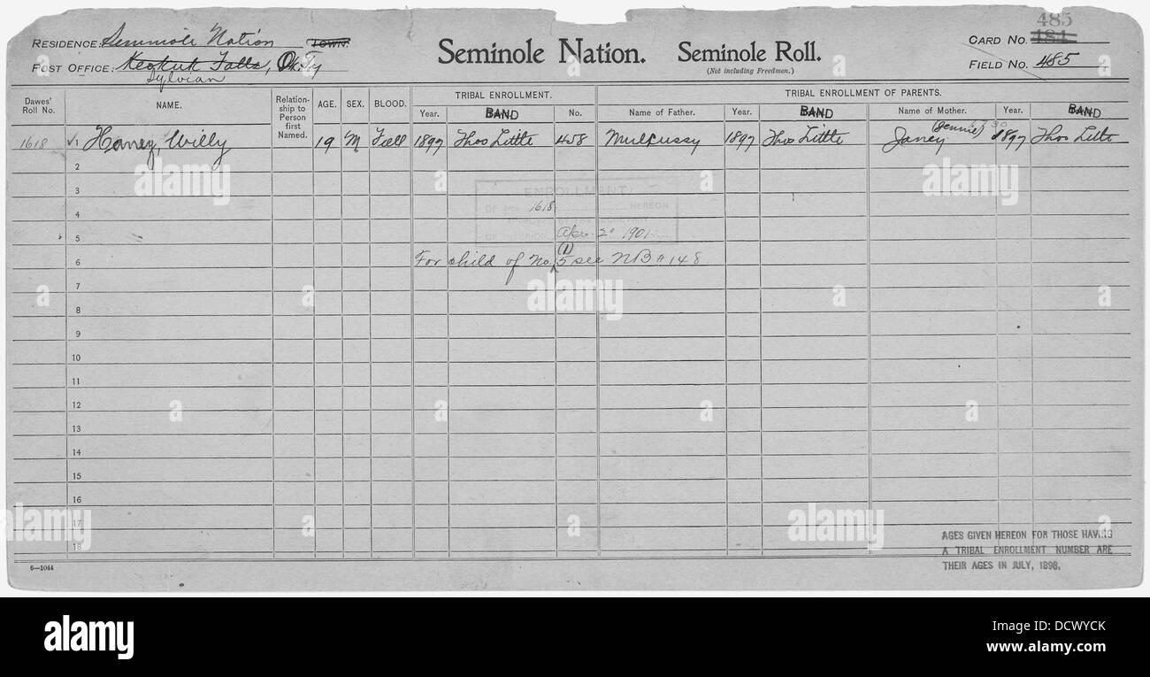Enrollment for Seminole Census Card 485 - - 268059 Stock Photo