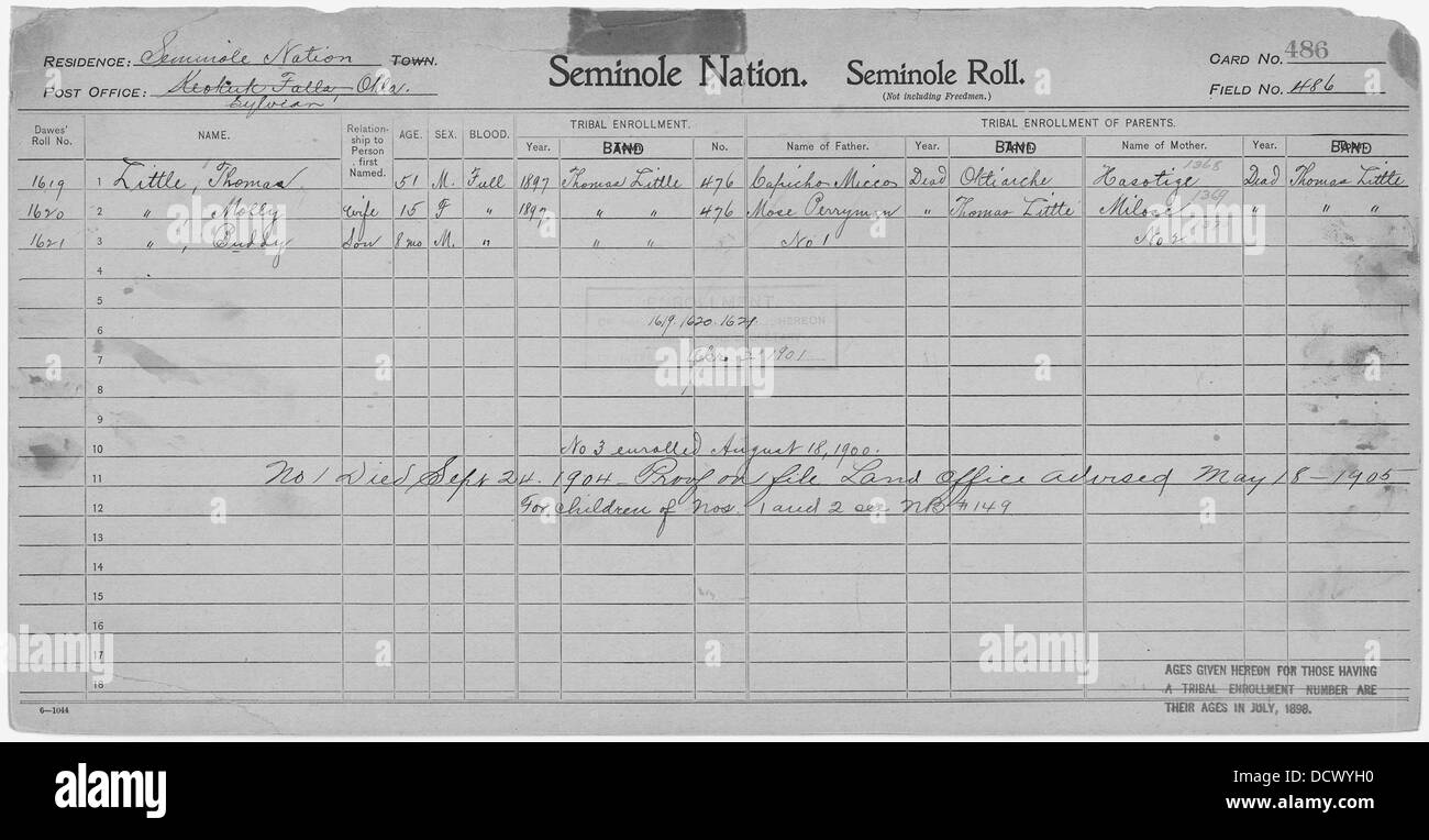 This image documents the enrollment of an individual for Seminole ...