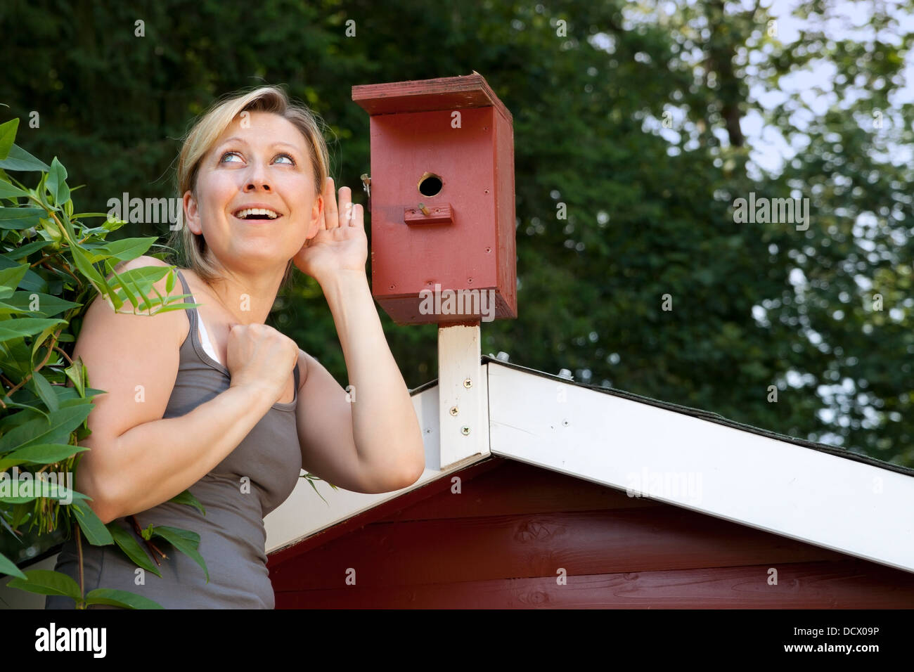 Young blond woman listening to bird house Stock Photo