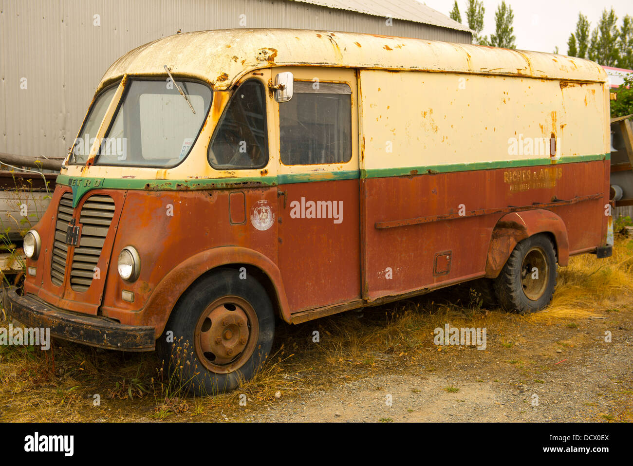 Old and rusting delivery truck from early 1960's...the International Harvester Metro van originally designed for milk delivery. Stock Photo