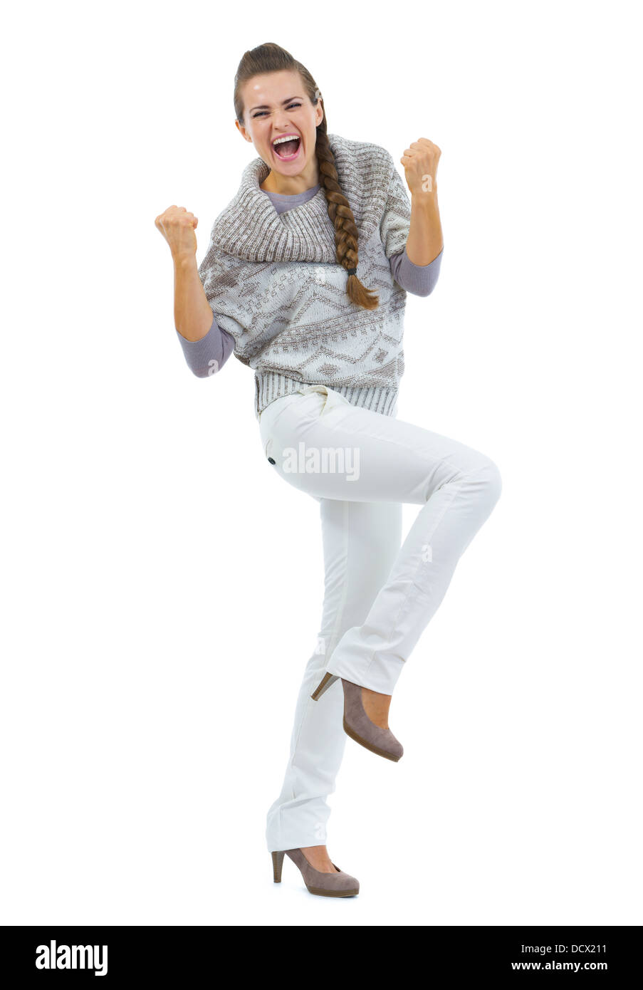 Smiling white woman fist pump hi-res stock photography and images - Alamy