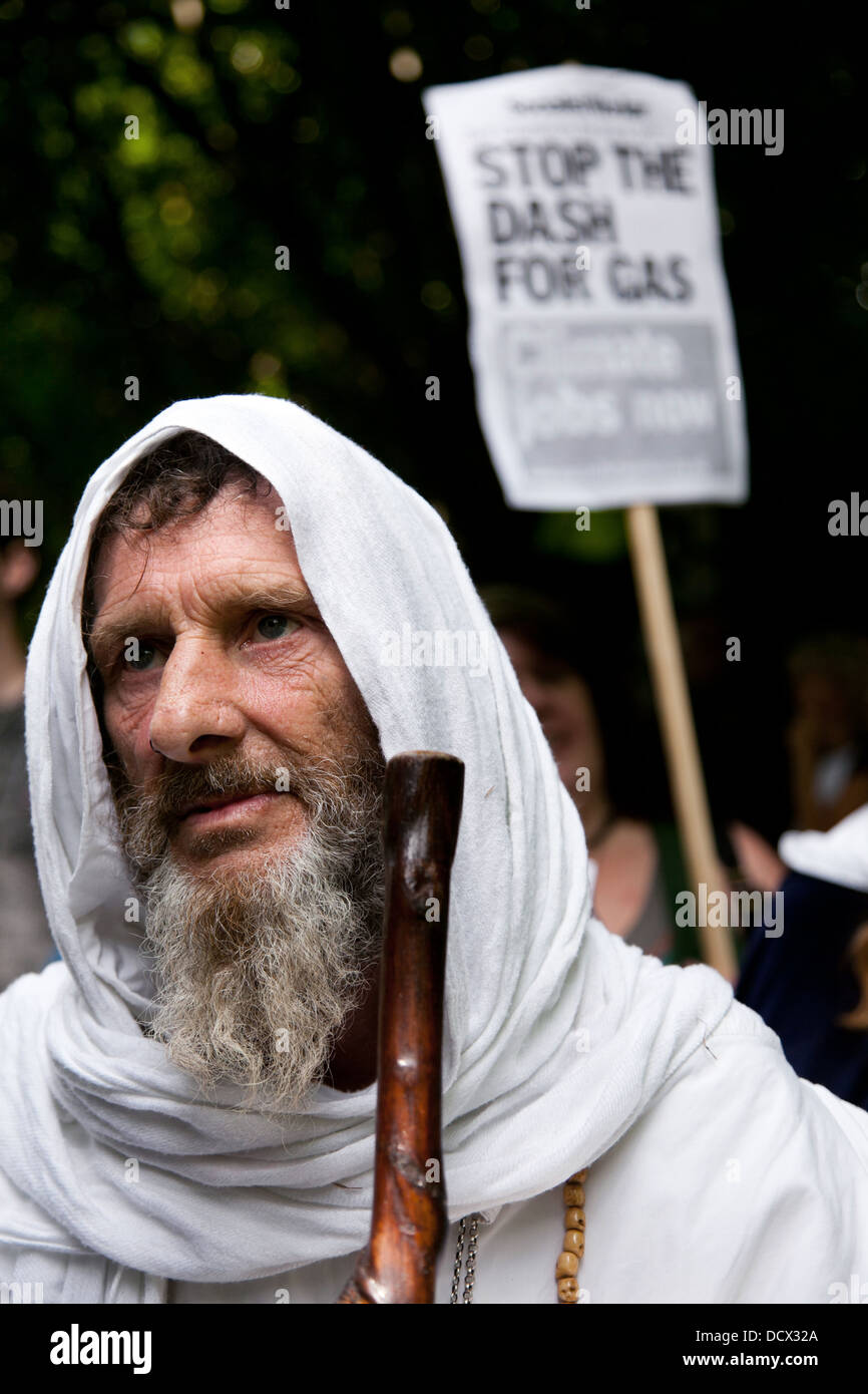 A druid has turned out in support of the anti-fracking movement. Thousands turned out for a march of solidarity against fracking Stock Photo