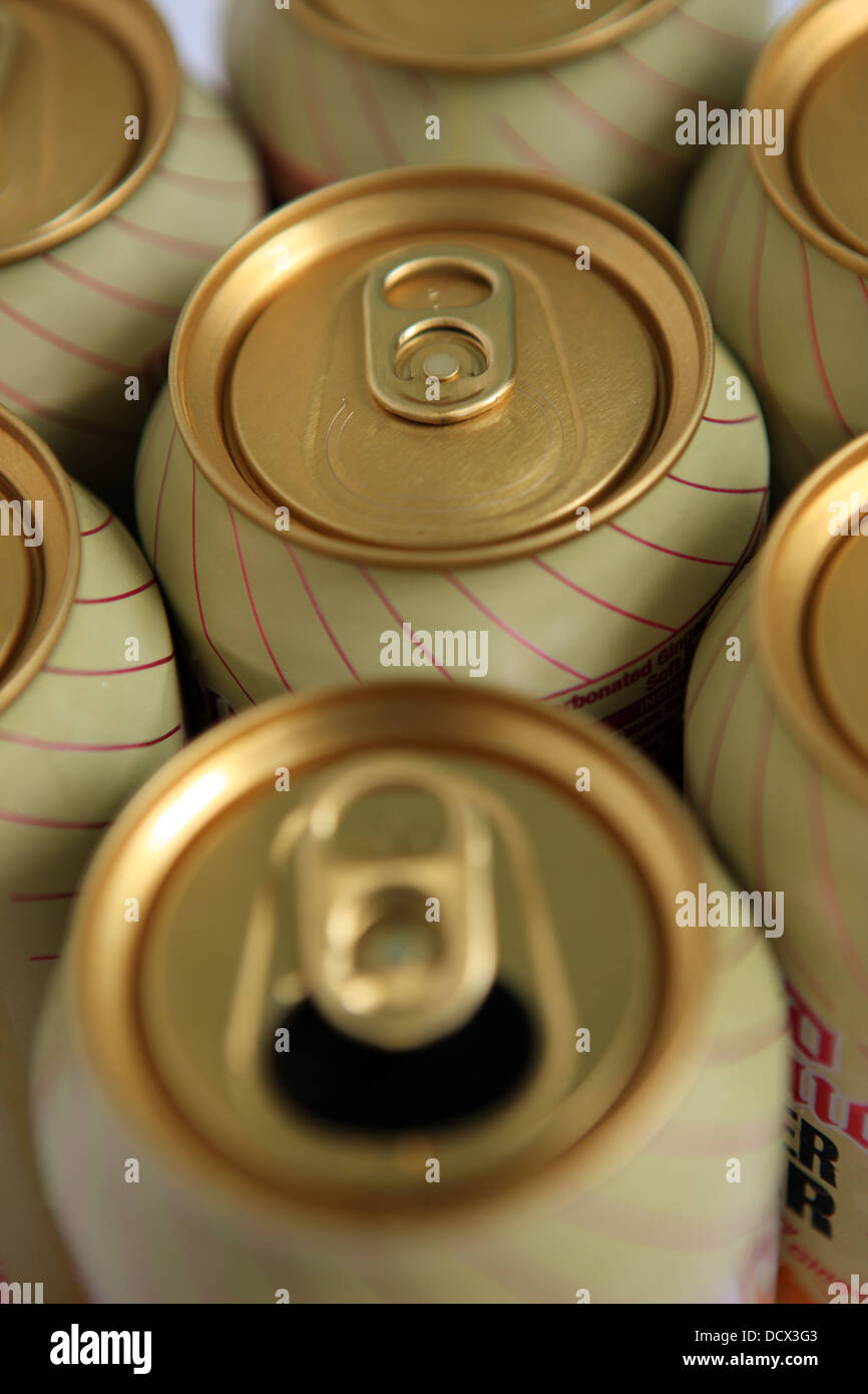 Ring pulls on the top of Ginger beer cans Stock Photo