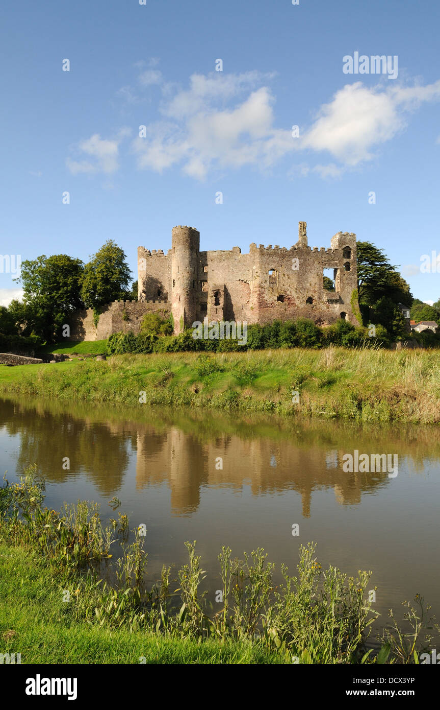 Laugharne Castle reflected in the Taf Estuary Carmarthenshire Wales