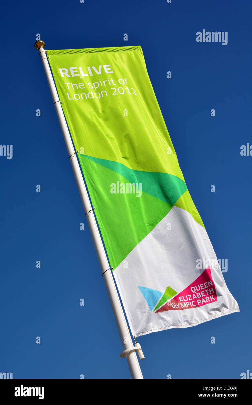 Queen Elizabeth Olympic Park banner at entrance to the new Timber Lodge