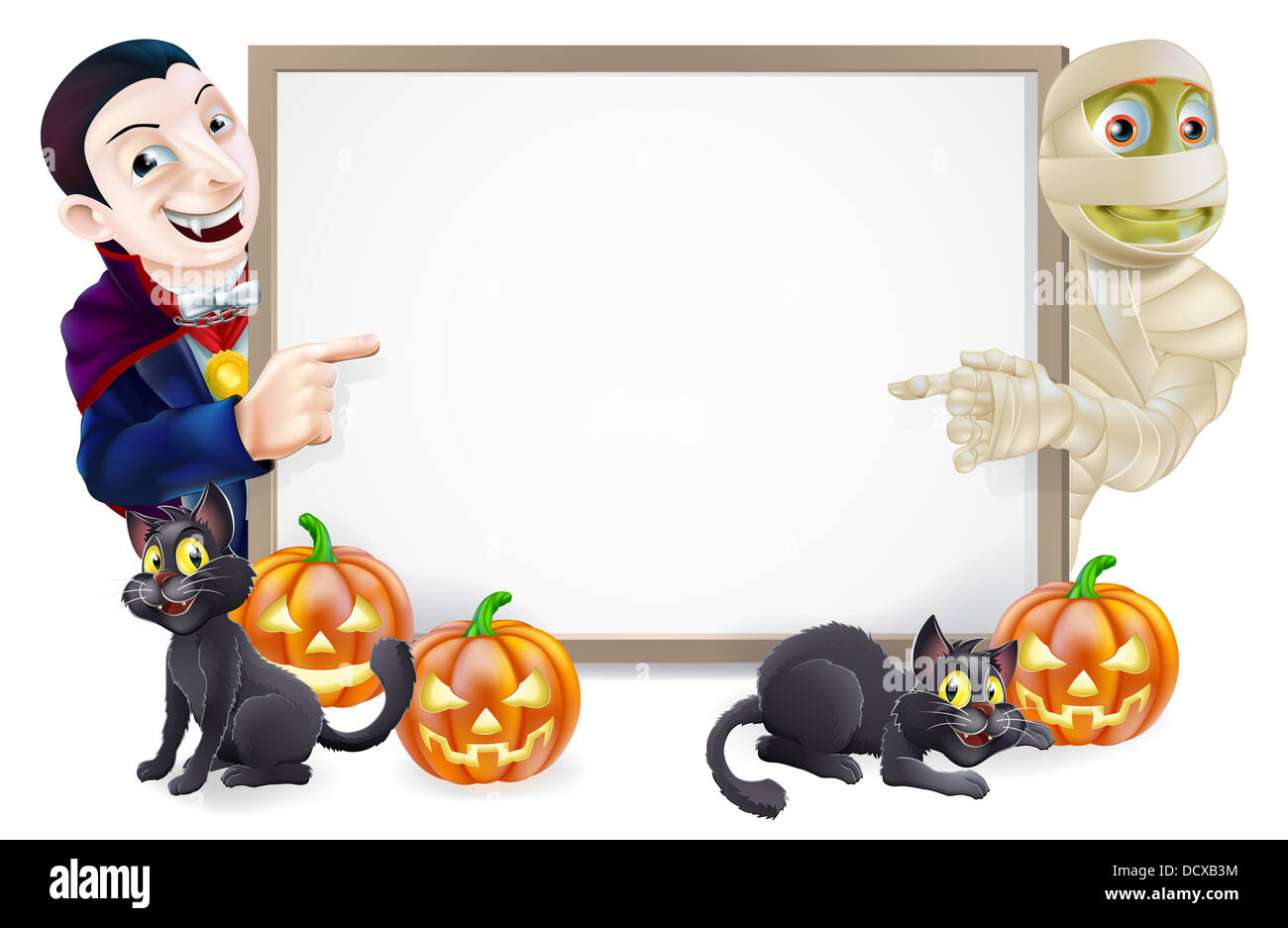 Halloween sign or banner with Halloween pumpkins and witches cats, witch's broomstick and cartoon Dracula vampire and mummy Stock Photo