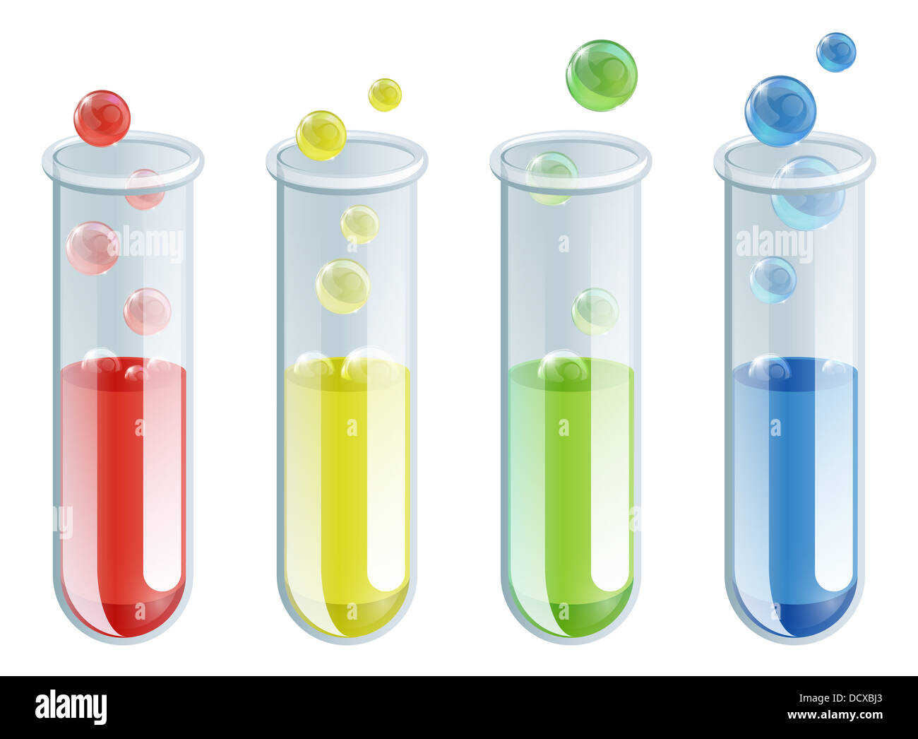 An illustration of four different coloured test tubes with bubbling