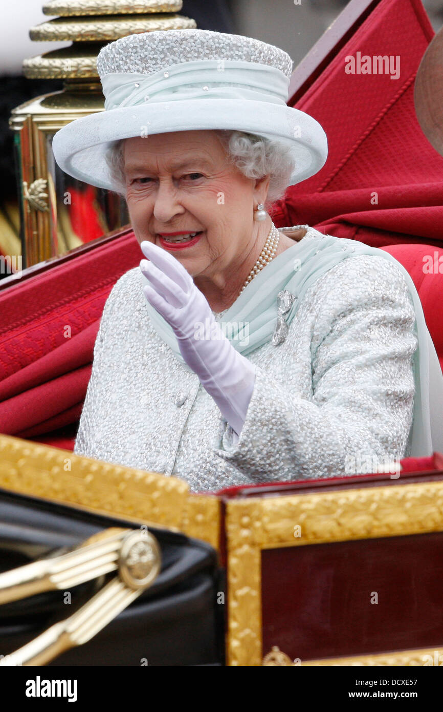 Britain's Queen Elizabeth II is seen during the Carriage Procession from Westminster Hall Stock Photo