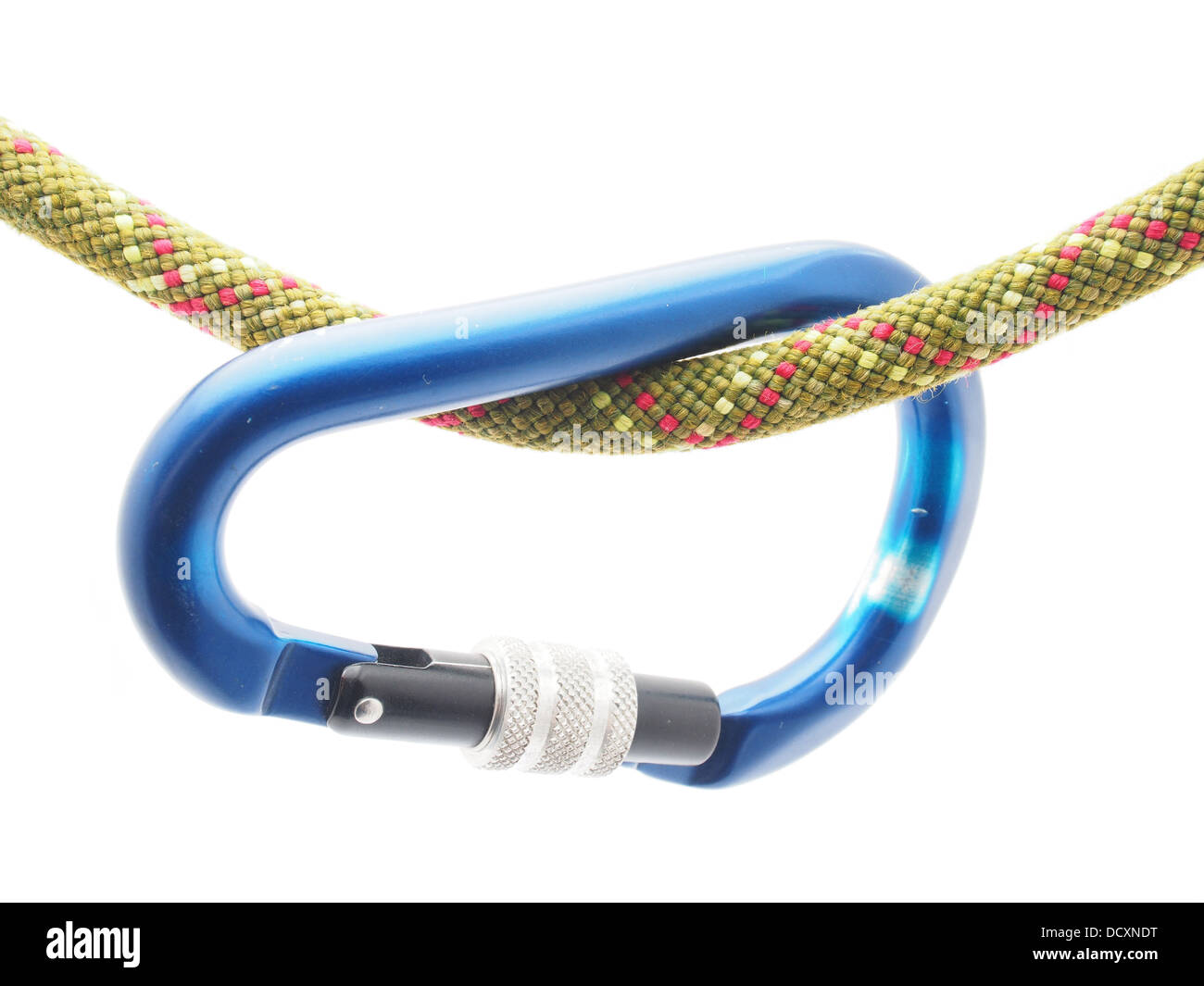 climbing rope and a carabiner on a white background Stock Photo Alamy