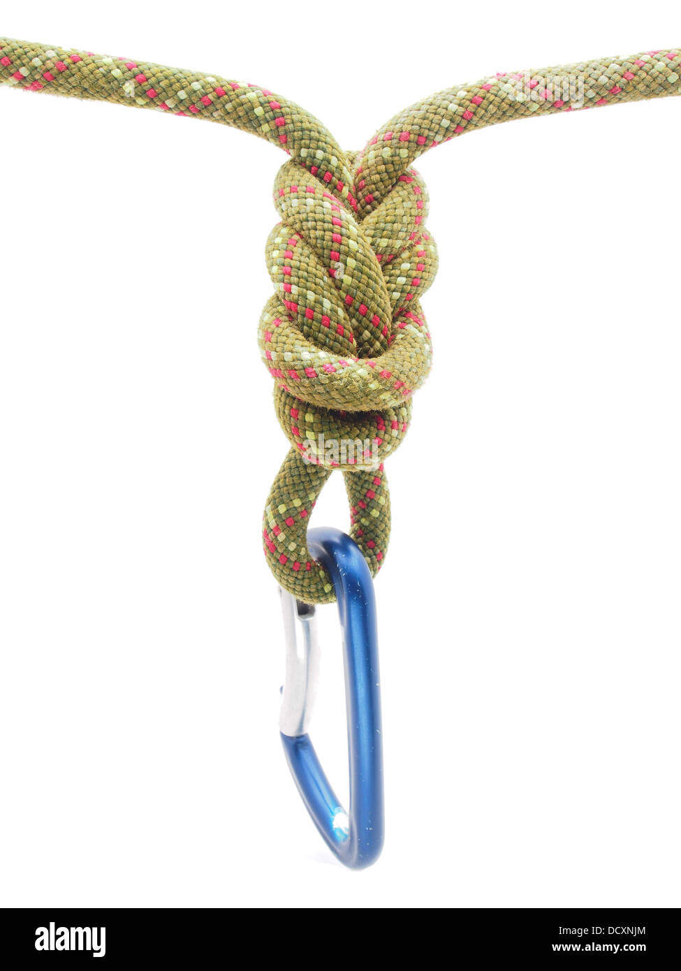 climbing rope and a carabiner on a white background Stock Photo Alamy