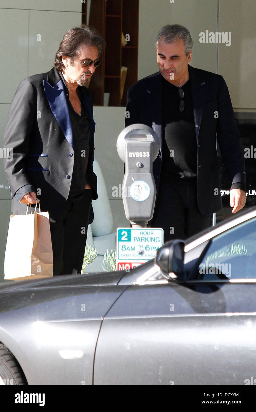 A dishevelled Al Pacino wearing an ill-fitting, blue satin, trimmed tuxedo and holding a brown paper bag while out and about in Beverly Hills.  Los Angeles, California - 03.01.12 Stock Photo