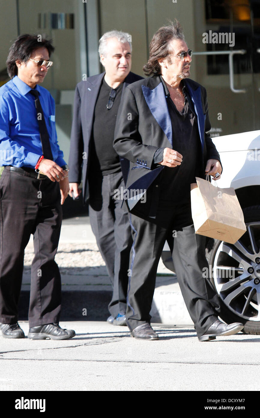 A dishevelled Al Pacino wearing an ill-fitting, blue satin, trimmed tuxedo and holding a brown paper bag while out and about in Beverly Hills.  Los Angeles, California - 03.01.12 Stock Photo