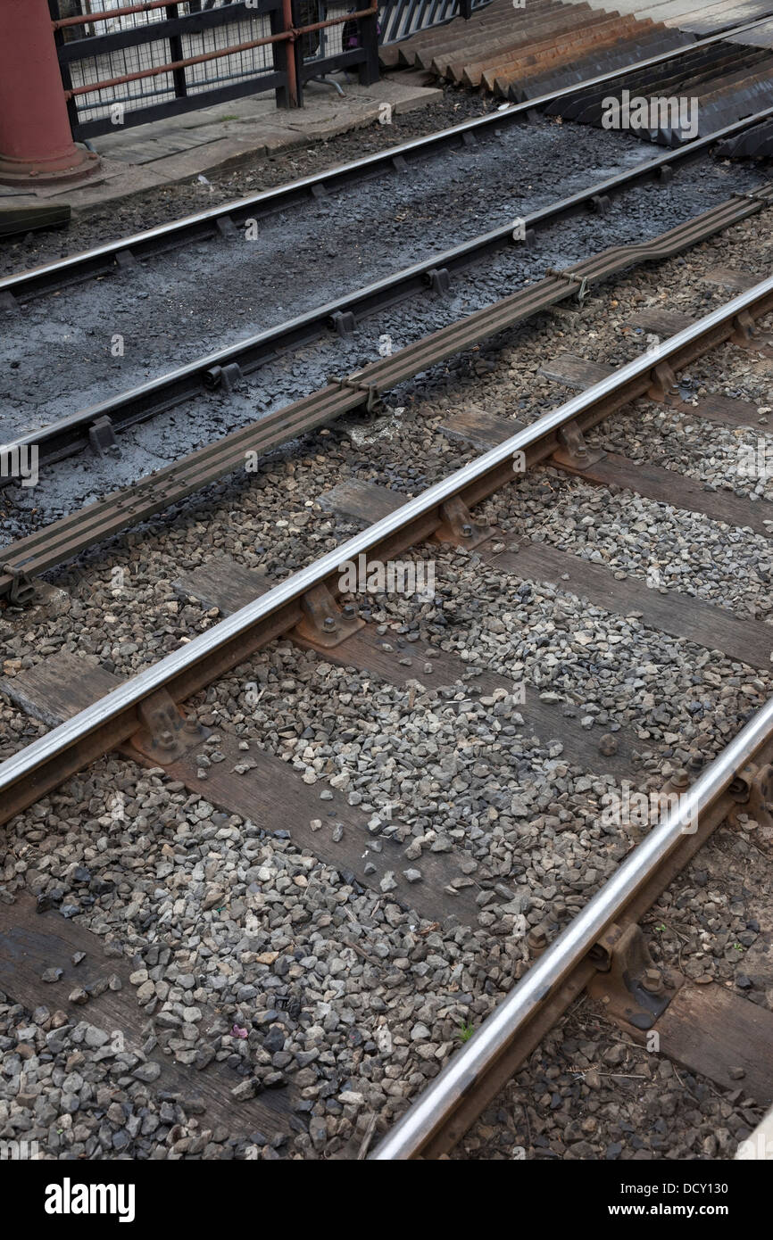 Railway Lines with Points Selector Rods Running Between Them North Yorks Railway Yorkshire England UK Stock Photo