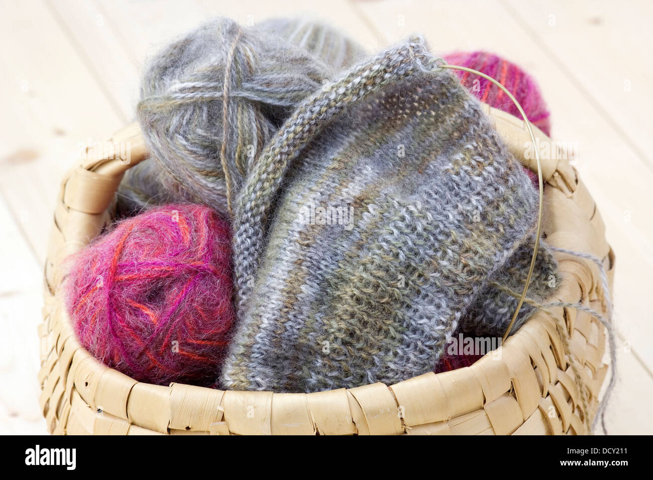 Woollen thread and knitting needle Stock Photo - Alamy