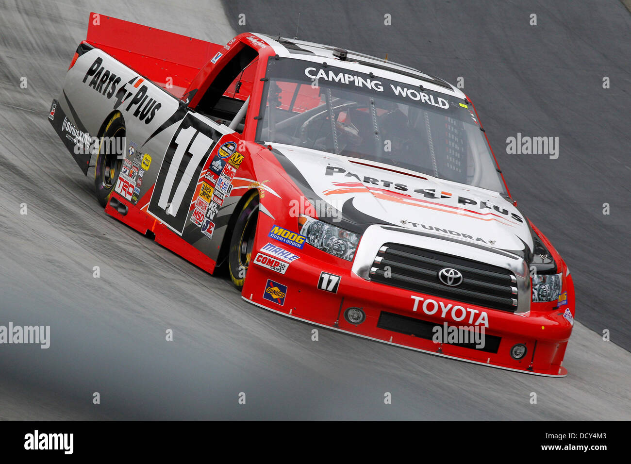 Bristol, TN, USA. 21st Aug, 2013. Bristol, TN - Aug 21, 2013: Timothy Peters (17) brings his Camping World Truck through the turns during a practice session for the UNOH 200 race at the Bristol Motor Speedway in Bristol, TN. Credit:  csm/Alamy Live News Stock Photo
